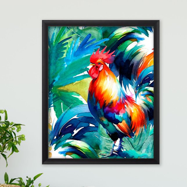 Rooster Colorful Watercolor Poster (Sol the rooster watercolor print in vibrant shades of tropical green, blue and red.)