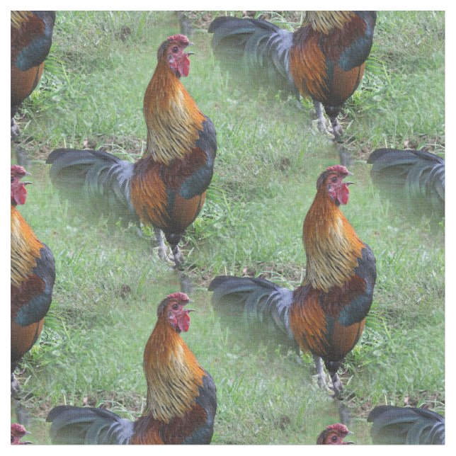 Rooster Crowing Animal Nature Pattern Fabric (Close Up)