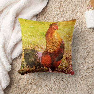 Rooster Crowing Farm Animal Art Throw Pillow