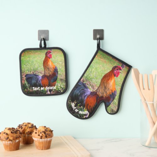 Rooster Crowing Farm Animal Personalized Oven Mitt  Pot Holder Set