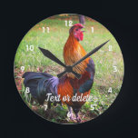 Rooster Crowing Farm Animal Personalized Round Clock<br><div class="desc">Very handsome and colorful rooster proudly crowing.  Animal photography by Susan.</div>