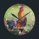 Rooster Crowing Farm Animal Personalized Round Clock<br><div class="desc">Very handsome and colorful rooster proudly crowing.  Animal photography by Susan.</div>