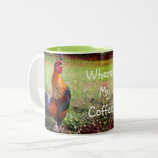 Rooster Crowing Where's My Coffee Funny   Two-Tone Coffee Mug (Front Left)