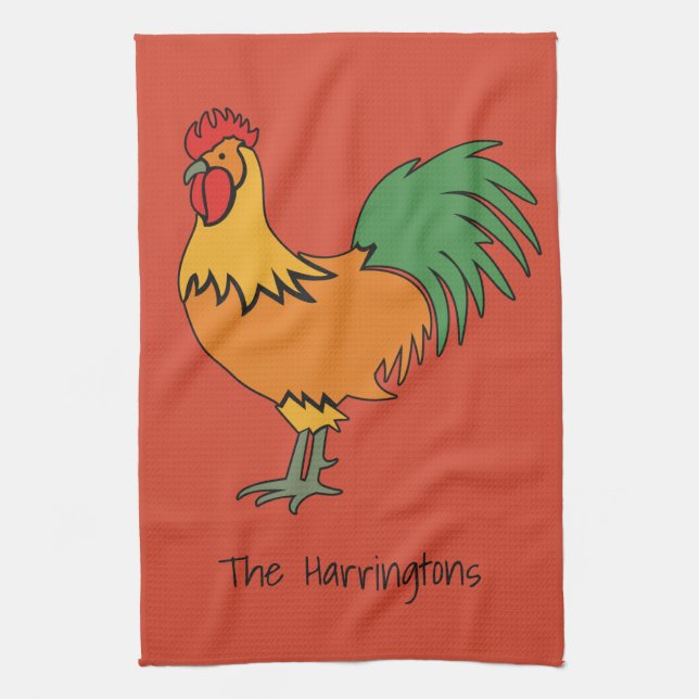 Rooster custom name & color kitchen towel (Vertical)