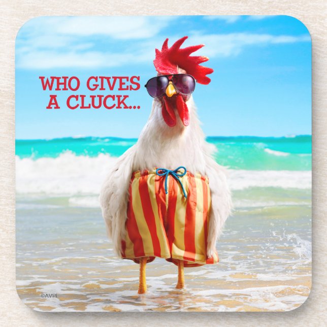 Rooster Dude Chillin' at Beach in Swim Trunks Drink Coaster (Front)