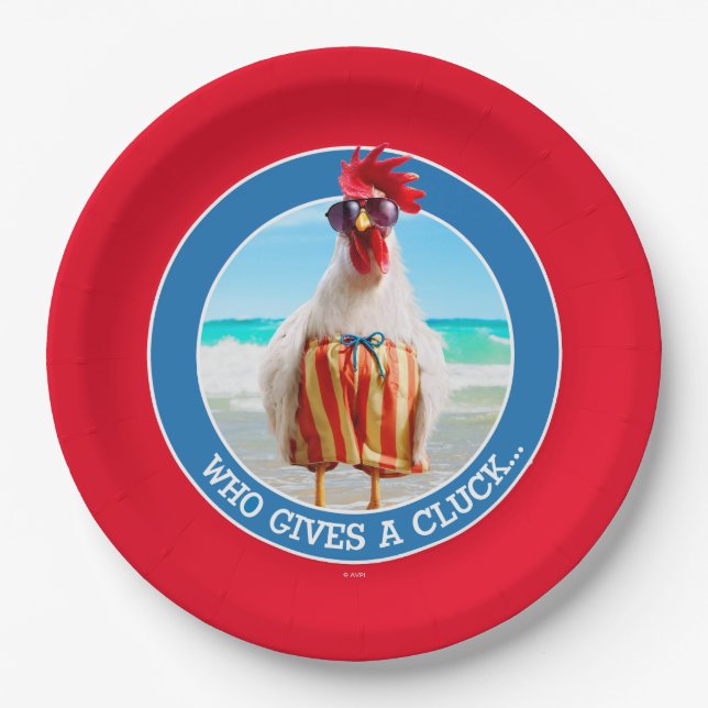 Rooster Dude Chillin' at Beach in Swim Trunks Paper Plates (Front)