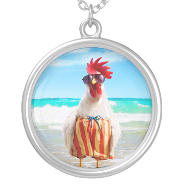 Rooster Dude Chillin' at Beach in Swim Trunks Silver Plated Necklace (Front)