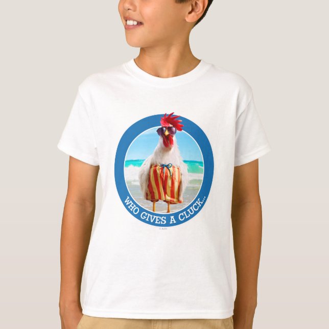 Rooster Dude Chillin' at Beach in Swim Trunks T-Shirt (Front)