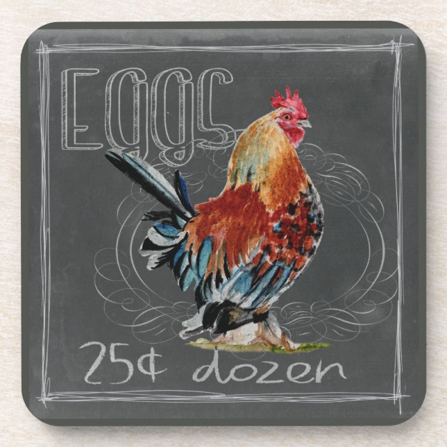 Rooster Eggs On Chalkboard Beverage Coaster (Front)