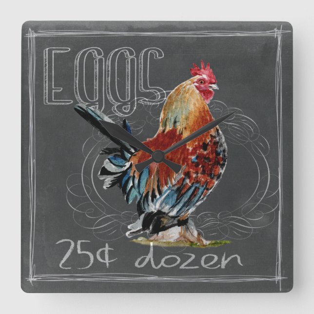 Rooster Eggs On Chalkboard Square Wall Clock (Front)