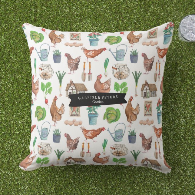 Rooster farm gardening pattern outdoor pillow (Grass)