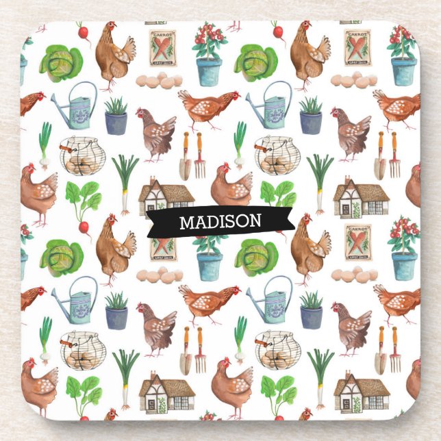 Rooster farm gardening pattern outdoor pillow beverage coaster (Front)