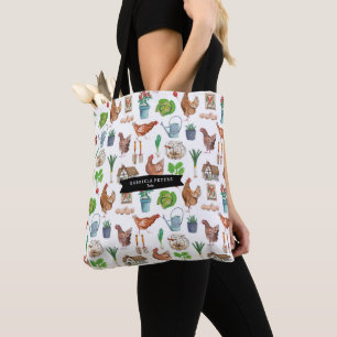 Rooster farm gardening pattern tote bag