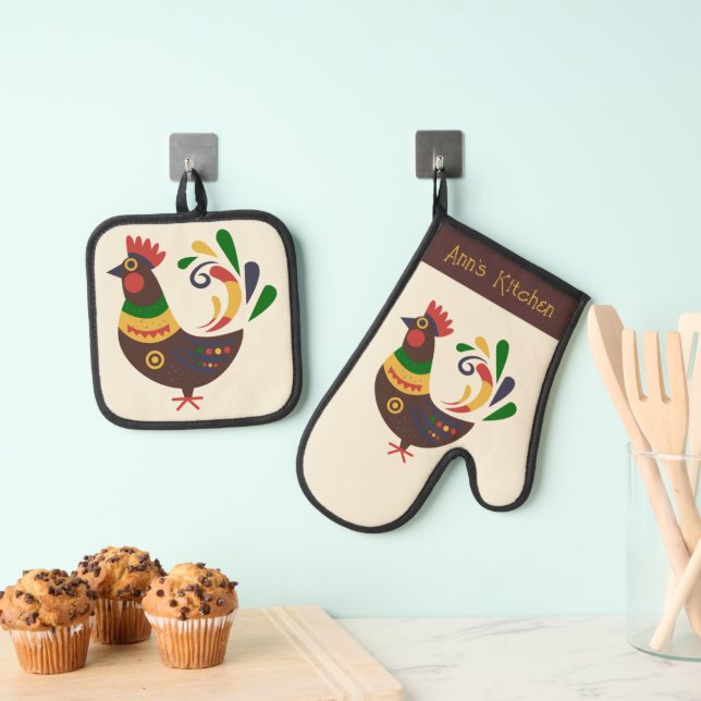 "Rooster" Folk Art Style Custom Oven Mitt & Pot Holder Set (Insitu(Hanging))