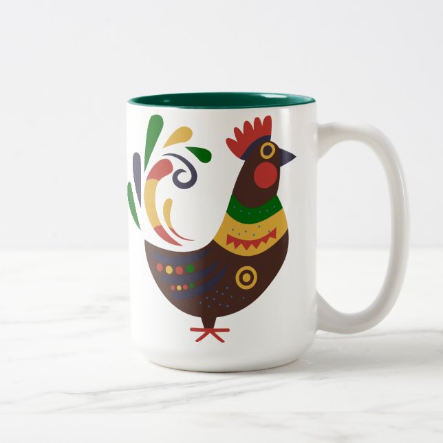 "Rooster" Folk Art Style Custom Two-Tone Coffee Mug (Right)
