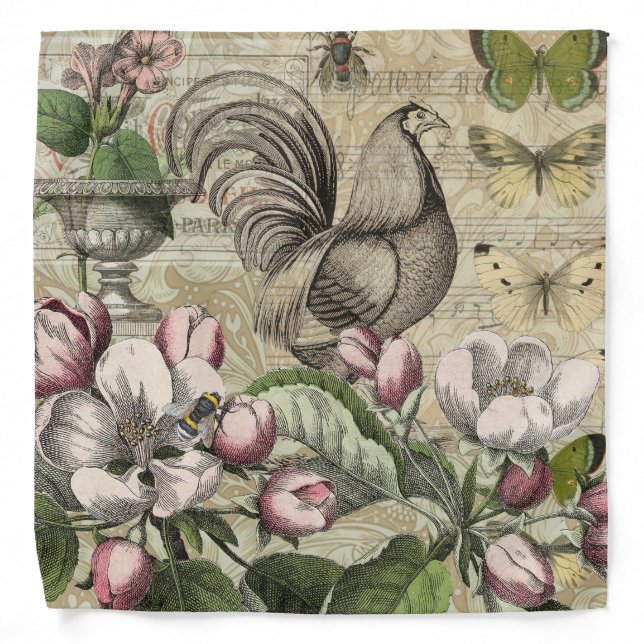 Rooster Garden Flower Butterfly Art Bandana (Front)
