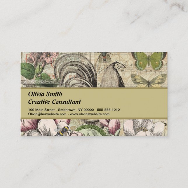 Rooster Garden Flower Butterfly Art Business Card (Front)