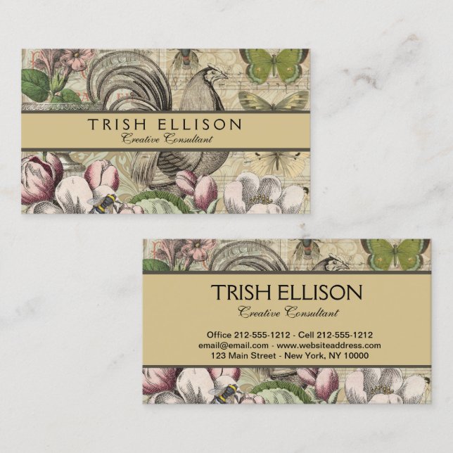 Rooster Garden Flower Butterfly Art Business Card (Front/Back)