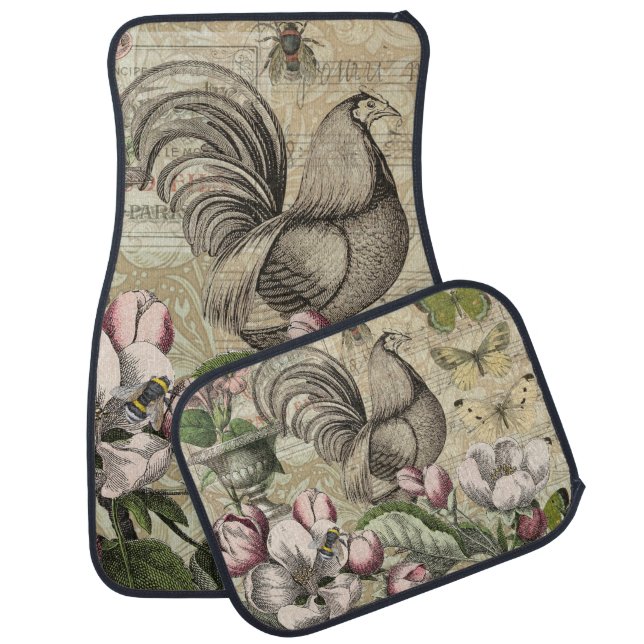 Rooster Garden Flower Butterfly Art Car Floor Mat (Set)