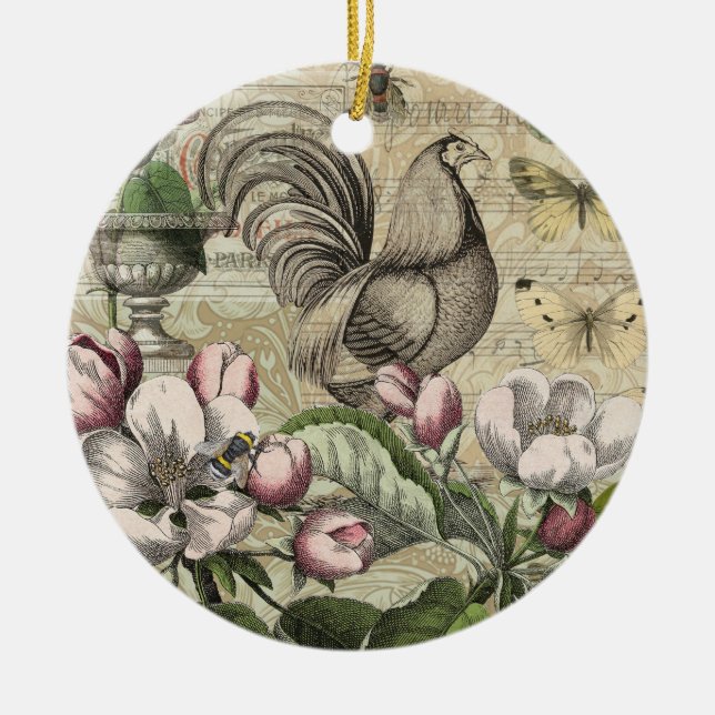Rooster Garden Flower Butterfly Art Ceramic Ornament (Front)
