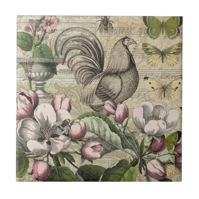 Rooster Garden Flower Butterfly Art Ceramic Tile (Front)