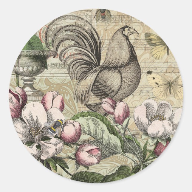 Rooster Garden Flower Butterfly Art Classic Round Sticker (Front)