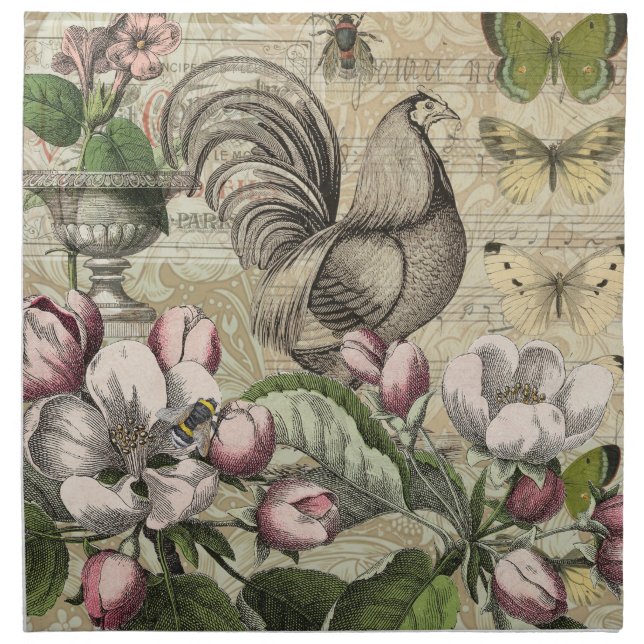 Rooster Garden Flower Butterfly Art Cloth Napkin (Front)