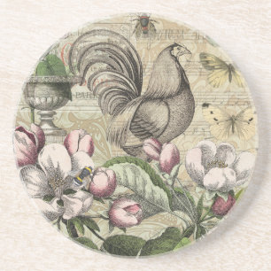 Rooster Garden Flower Butterfly Art Coaster