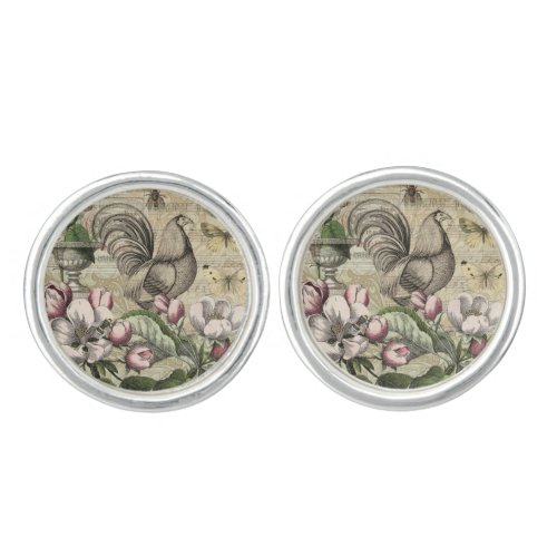 Rooster Garden Flower Butterfly Art Cufflinks