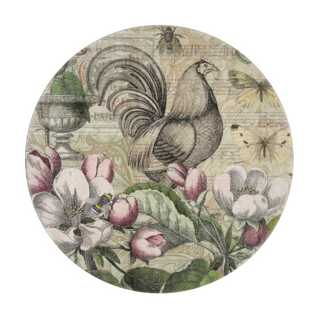 Rooster Garden Flower Butterfly Art Cutting Board (Front)