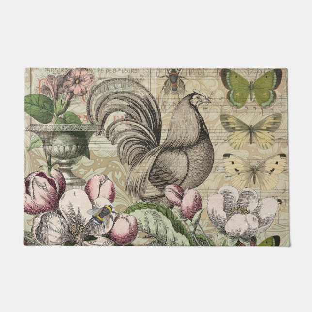 Rooster Garden Flower Butterfly Art Doormat (Front)