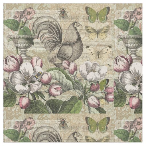 Rooster Garden Flower Butterfly Art Fabric