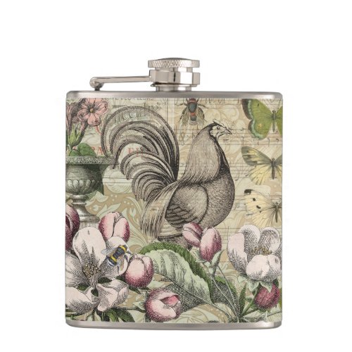 Rooster Garden Flower Butterfly Art Flask