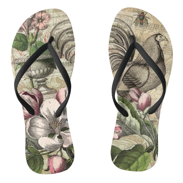 Rooster Garden Flower Butterfly Art Flip Flops (Footbed)