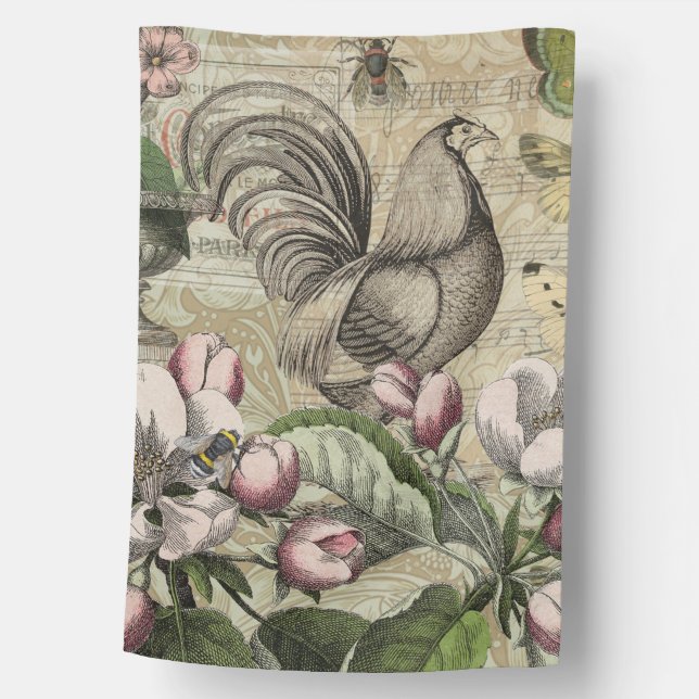Rooster Garden Flower Butterfly Art House Flag (Front)
