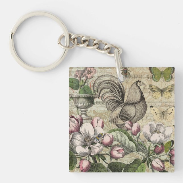 Rooster Garden Flower Butterfly Art Keychain (Front)