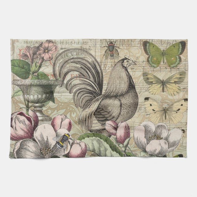 Rooster Garden Flower Butterfly Art Kitchen Towel (Horizontal)