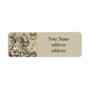 Rooster Garden Flower Butterfly Art Label