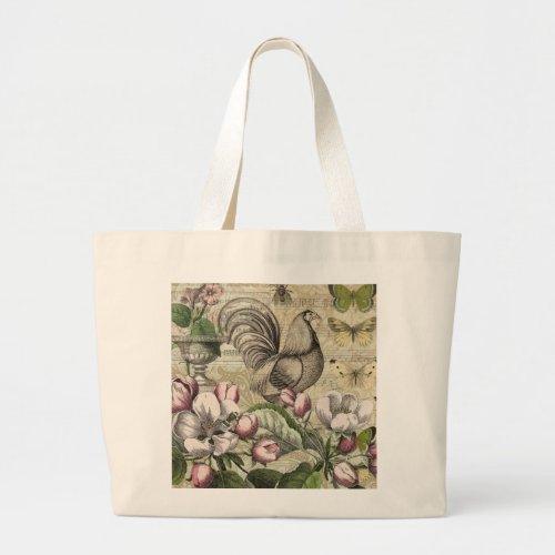 Rooster Garden Flower Butterfly Art Large Tote Bag