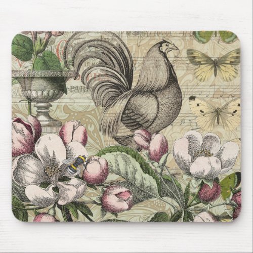 Rooster Garden Flower Butterfly Art Mouse Pad