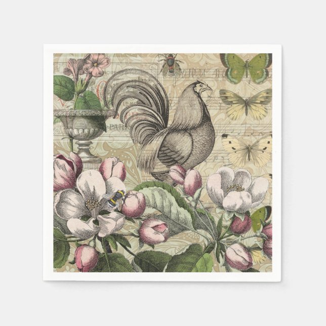Rooster Garden Flower Butterfly Art Napkins (Front)