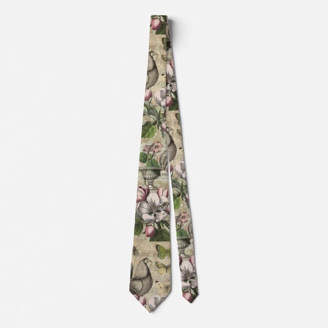Rooster Garden Flower Butterfly Art Neck Tie (Front)