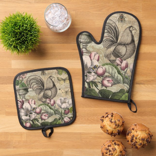 Rooster Garden Flower Butterfly Art Oven Mitt & Pot Holder Set (Top Down)