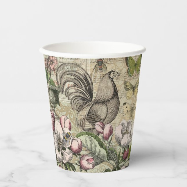 Rooster Garden Flower Butterfly Art Paper Cups (Front)