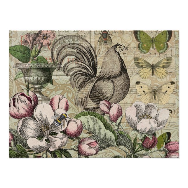 Rooster Garden Flower Butterfly Art Poster (Front)