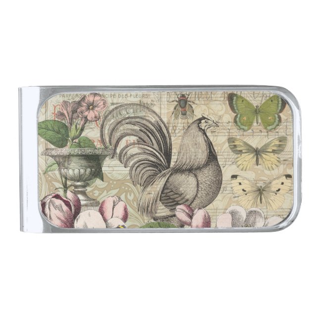 Rooster Garden Flower Butterfly Art Silver Finish Money Clip (Front)