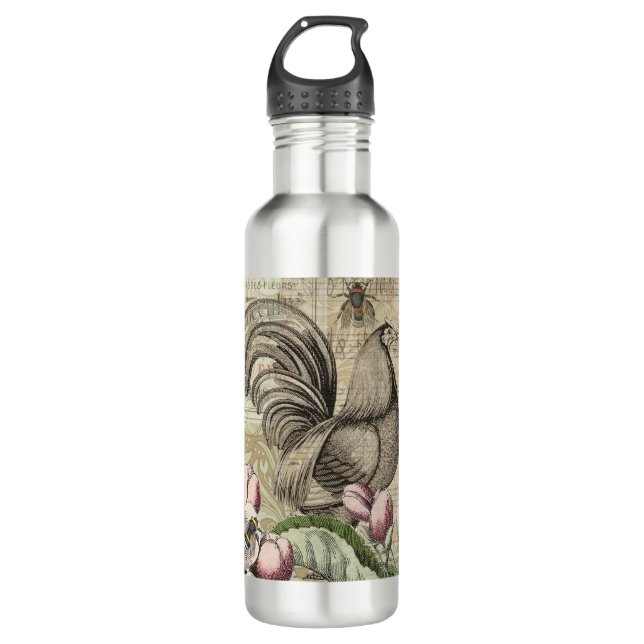 Rooster Garden Flower Butterfly Art Stainless Steel Water Bottle (Front)