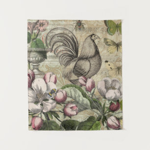 Rooster Garden Flower Butterfly Art Tapestry