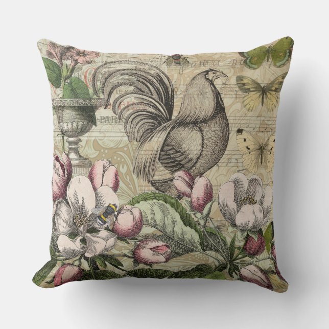 Rooster Garden Flower Butterfly Art Throw Pillow (Front)