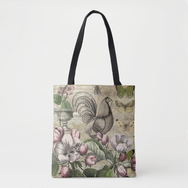 Rooster Garden Flower Butterfly Art Tote Bag (Front)